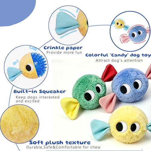 Squeaky Dog Toys, [3 Pack] 2'' Tough Stitched Plush Squeak Ball Toy, Soft Spiky Bouncy Fetch Play Balls for Puppy Small Dogs, Colorful Christmas Candy Dog Toys - color: Candy Dog Pack