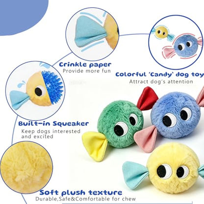 Squeaky Dog Toys, [3 Pack] 2'' Tough Stitched Plush Squeak Ball Toy, Soft Spiky Bouncy Fetch Play Balls for Puppy Small Dogs, Colorful Christmas Candy Dog Toys - color: Candy Dog Pack