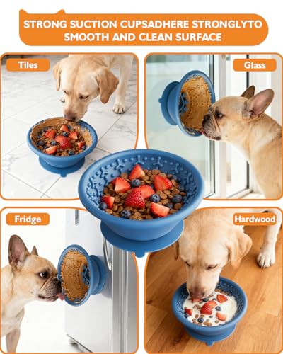 Dog Lick Bowl, Non-Slip Slow Feeder Licking Mat & Treat Dispenser (Wide Bowl Mouth w/Inlaid Stainless Steel Ring) - Interactive Toys, Anxiety Reducer, Freeze Bone for Dogs, BPA Free Silicone(Blue) - color: blue