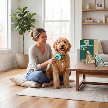 Self Cleaning Slicker Brush & Nail Clippers for Dog and Cats | 2 Pcs, Shedding Long and Short Haired Pets, Skin Friendly, Deshedding Grooming Tool - color: Green 2pc