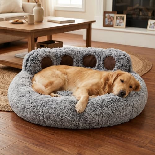 Round Plush Calming Donut Dog & Cat Bed | Calming Design, Donut Shape - color: Grey, size: XXX-Large