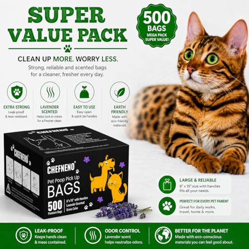 Cat Litter Waste Bags (500 ct., Green) Bulk Dog Poop Bags with Easy Tie Handles Recycled Earth-Friendly Lavender Scented Cat Litter Poop Diaper Bag Disposable Sanitary Pad Waste Bags (500 Bags) - color: Green - Scented (500 ct.)