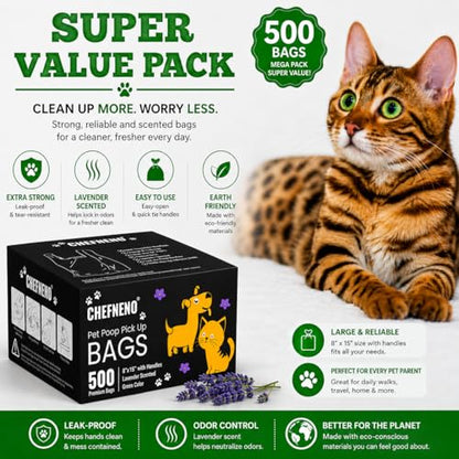 Cat Litter Waste Bags (500 ct., Green) Bulk Dog Poop Bags with Easy Tie Handles Recycled Earth-Friendly Lavender Scented Cat Litter Poop Diaper Bag Disposable Sanitary Pad Waste Bags (500 Bags) - color: Green - Scented (500 ct.)