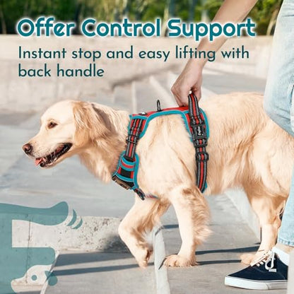 Eagloo Dog Harness Medium Sized, Easy Wearing with 3 Buckles, Adjustable No Pull Pet Harness with 2 Rings for Walking, No Chock Reflective Soft Padded Vest with Control Handle, Red & Teal, M - color: Red & Teal, size: Medium