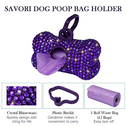 SAVORI Dog Poop Bag Holder Bling Crystal Dog Waste Bags Dispenser for Pet Dog Doggy with Carabiner Clip Includes 1 Roll 15 Bags (Purple) - color: Purple