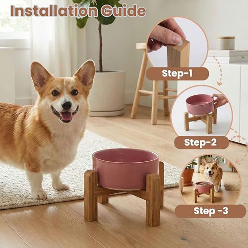 hjn Elevated Ceramic Dog Bowl with Bamboo Stand, Raised Pet Feeding Station for Small Medium Dogs Cats, Modern Design with Anti-Slip Base (Deep Pink, 3.6Cup) - color: Deep Pink, size: 3.6Cup