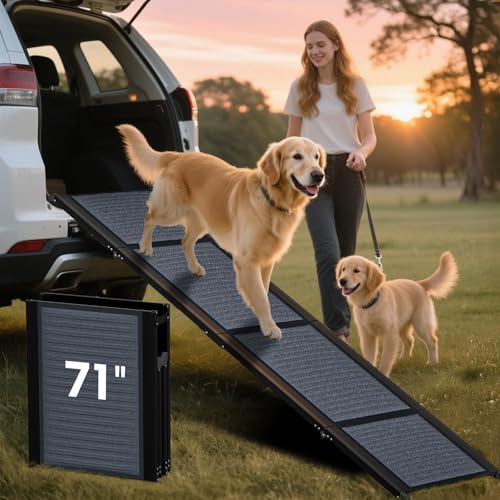 HBTower 71" Long & 17.3" Wide Folding Dog Ramp for Car, SUV & Truck – Portable Pet Ramp with Non-Slip Surface, Extra Wide Steps for Large Dogs Up to 250LBS - size: 71" L x 17.3" W