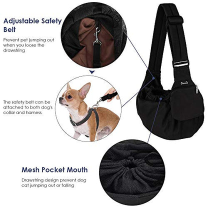 Lukovee Dog Sling Carrier, Hard Bottom Support & Adjustable Soft Padded Shoudler Strap Dog Slings for Small Dogs, Dog Purse with Drawstring Mesh Opening & Zipper Pockets for Puppy Cat Pet (Black) - color: Black