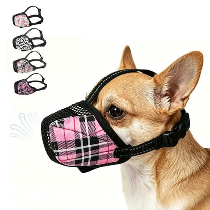 KOOLTAIL Dog Muzzle, Soft Muzzle for Small Medium Large Sized Dogs to Anti & Prevent Barking Grooming Biting, Reflective Adjustable Air Mesh Basket Muzzles, Allows Panting and Drinking, Pink Plaid XS - color: Pink Plaid, size: X-Small