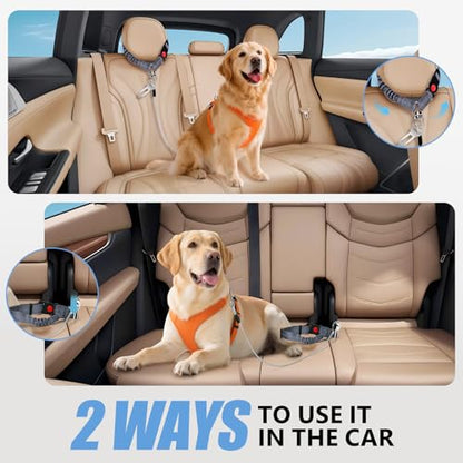 2 in 1 Chew Proof Dog Seat Belt for Car, Heavy Duty Steel Cable Car Harness & Headrest Restraint for Medium & Large Dogs Chewer - color: GREY