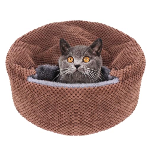 Winsterch Washable Cat Bed - Round Soft, Cozy & Warming for Indoor Cats. Calming Kitten Pet Bed. Small Pet Covered Cat Cave Beds (Coffee,12.59 x 12.59 x 5.91 in) - color: Coffee, size: Small