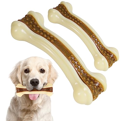 Dog Toys for Aggressive Chewers, 2 Pack Nylon Durable Dog Bones with Real Beef Flavor for Large/Medium/Small Breeds Pet Chew Toys - size: Large+Medium