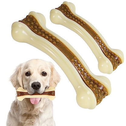 Dog Toys for Aggressive Chewers, 2 Pack Nylon Durable Dog Bones with Real Beef Flavor for Large/Medium/Small Breeds Pet Chew Toys - size: Large+Medium