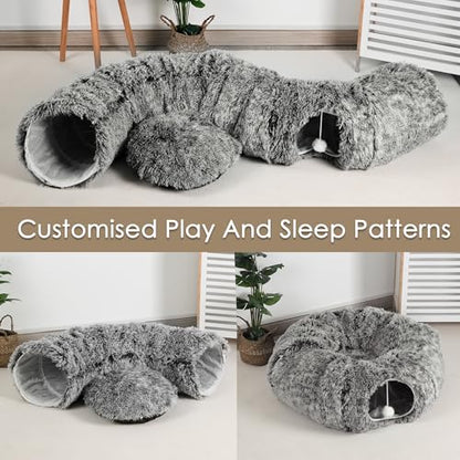 Cat Tunnel Bed for Indoor Cats, Peekaboo Cat Cave with Washable Soft Play Mat, Furry Cat Tube, for Kitten/Puppy/Rabbit, Black - color: black