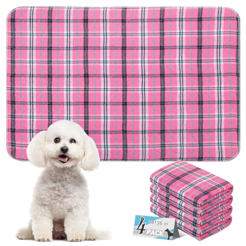 Washable Pee Pads for Dogs - 24”x36” 4PCS, Whelping Pad for Puppy Training, Playpen Crate Bed Floor Protector, Reusable Dog Potty Pads Non-Slip, Super Absorbent & Odor Controlling, Pink Plaid - color: Pink Plaid, size: 24"x36" (4 PCS)
