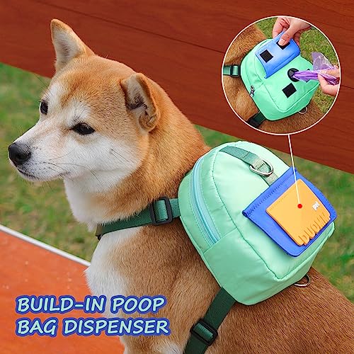 Dog Backpack Harness with Leash,Cute Pet Puppy Backpacks Bulid-in Dog Poop Bag Dispenser,Adjustable Pets Self Carrier Bag for Small Medium Dogs Travel Hiking Daily Walking(S, Green) - color: Green, size: Small