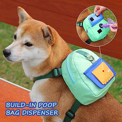 Dog Backpack Harness with Leash,Cute Pet Puppy Backpacks Bulid-in Dog Poop Bag Dispenser,Adjustable Pets Self Carrier Bag for Small Medium Dogs Travel Hiking Daily Walking(M, Green) - color: Green, size: Medium