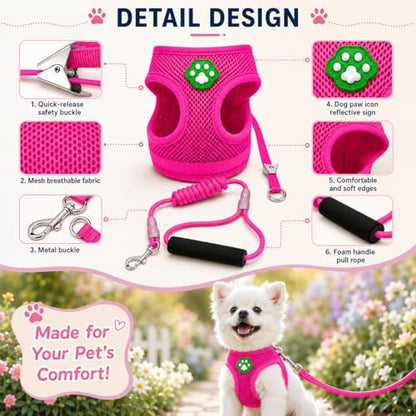 Dog Harness Small Sized and Leash Set, Step in Soft Light Puppy Vest, Breathable Mesh Pet Harness, Adjustable Pet Puppy Harness, Easy Walk Dog Harness, S: Chest 7.8-13.7" - color: Pink, size: S: Chest 7.8-13.7" Leash 3.8 FT