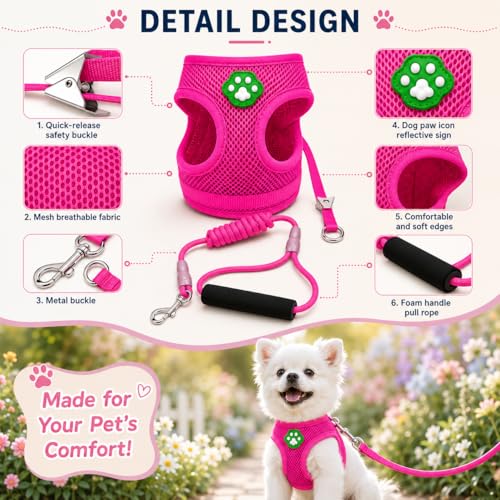 Dog Harness Small Sized and Leash Set, Step in Soft Light Puppy Vest, Breathable Mesh Pet Harness, Adjustable Pet Puppy Harness, Easy Walk Dog Harness, M: Chest 11.8-17.7" - color: Pink, size: M: Chest 11.8-17.7" Leash 3.8 FT