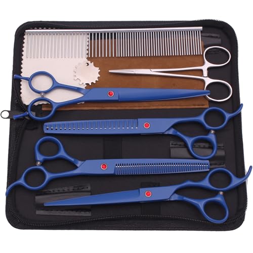 Professional Pet Grooming Shears Set – 7.5" Straight & Curved Cutting Scissors, 7.5" Thinning & Fishbone Shears with Grooming Comb, Complete Scissors Kit for Dogs & Cats (Blue) - color: Blue