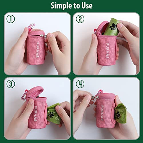 FURHAB Dog Poop Bag Holder for Leash Doggie Waste Bag Dispenser Soft Fabric Puppy Potty Carrier Small Doggy Zipper Pouch with Carabiner Clip 1680D Nylon Oxford with 1 Roll of Pet Trash Bags, Pink - color: Pink