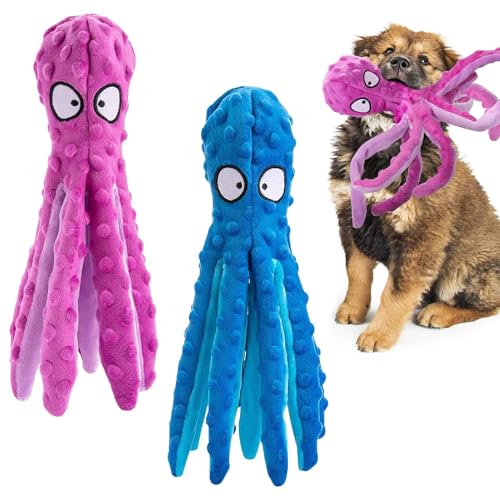 Alphatool Squeaky Dog Toys - 2pcs No Stuffing Octopus Soft Plush Crinkle Toys to Keep Them Busy, Interactive Essentials for Small Medium Pets Dogs Gifts, Blue & Purple - color: Blue&Purple
