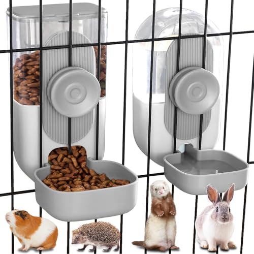Kenond Hanging Automatic Food Water Dispenser, 35oz Rabbit Feeder Guinea Pig Water Bottle Feeder for Ferret Guinea Pig Rabbit Bunny Cage Accessories(Gray) - color: Gray Waterer and Feeder