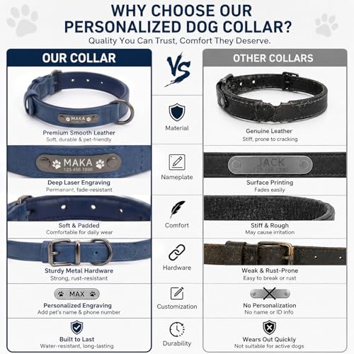 Personalized Anti-Lost Leather Dog Collar with Engraved Nameplate | Heavy duty metal buckle and clear laser marked ID. Features a smooth leather lining to protect fur during daily walks. - size: XL: Adjustable Neck 16.93-20.87", Width 1.18"