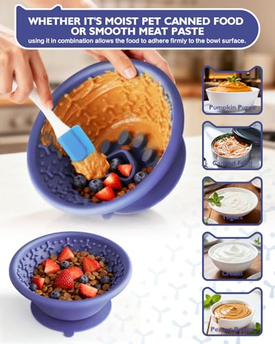 Dog Lick Bowl, Non-Slip Slow Feeder Licking Mat & Treat Dispenser (Wide Bowl Mouth w/Inlaid Stainless Steel Ring) - Interactive Toys, Anxiety Reducer, Freeze Bone for Dogs, BPA Free Silicone - color: purple