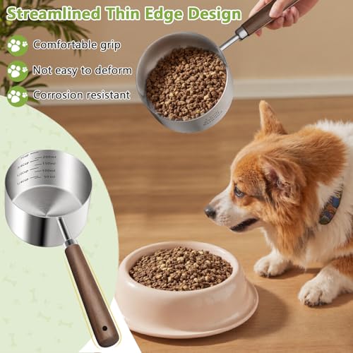 Dog-Cat Food Scoop 1 Cup, 304 Stainless Steel Measuring Cup with Long Wooden Handle, Pet Food Scoop for Rabbit, Easy to Clean Precise Scale