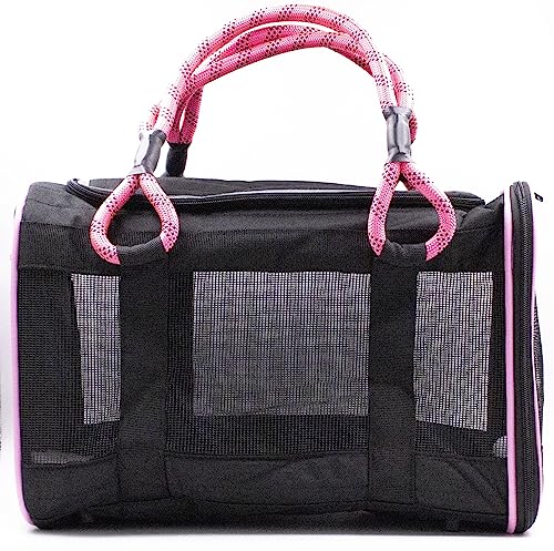 Buddy's Best Airline Approved Pet Carrier Black & Pink Heavy Duty, Fits Under Seat, TSA Compliant, Ventilated Mesh Design w/Waterproof Base & Reflective Safety Strips - color: Black & Pink