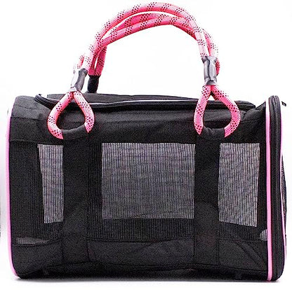 Buddy's Best Airline Approved Pet Carrier Black & Pink Heavy Duty, Fits Under Seat, TSA Compliant, Ventilated Mesh Design w/Waterproof Base & Reflective Safety Strips - color: Black & Pink