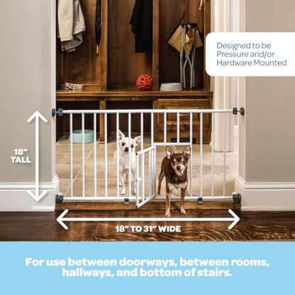 Carlson 18-30.75" Mini Expandable Dog Gate with Small Pet Door, Pressure Mounted Metal Indoor Pet Gate for Doorways & Bottom of Stairs, Cat Gate, White - size: 18" Tall, 18-31" Wide