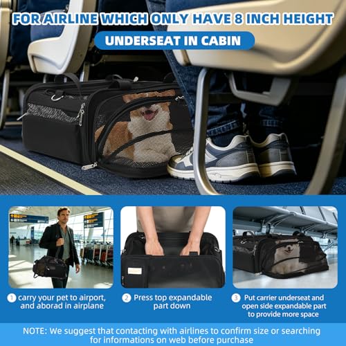 pidipiti 18x14x8 TSA Approved,top and Side Expandable pet Carrier for Extra-Small Dog Under 6 lbs,or Medium cat Under 10 lbs,for Airlines only Have 8'' Height Space underseat