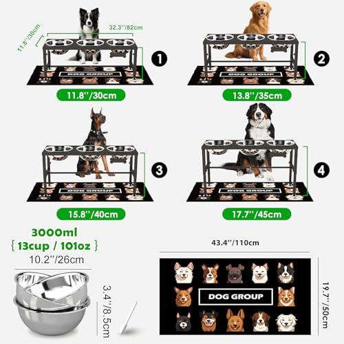 SHAINFUN Elevated Dog Bowl Stand for Large Dogs& Extra Large Dogs with 3 Bowls 101oz– 4 Adjustable Height Raised Pet Feeder with Anti-Spill Mat, Stainless Steel Food & Water Station - color: Black-3L-Three