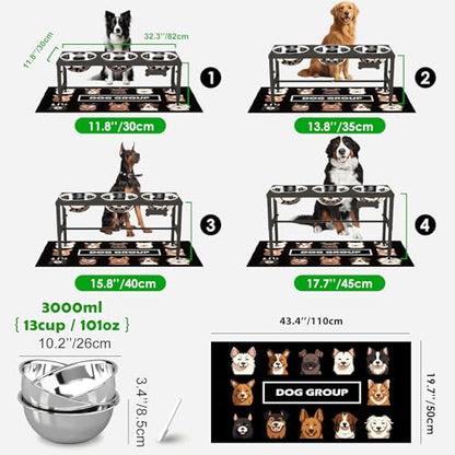 SHAINFUN Elevated Dog Bowl Stand for Large Dogs& Extra Large Dogs with 3 Bowls 101oz– 4 Adjustable Height Raised Pet Feeder with Anti-Spill Mat, Stainless Steel Food & Water Station - color: Black-3L-Three