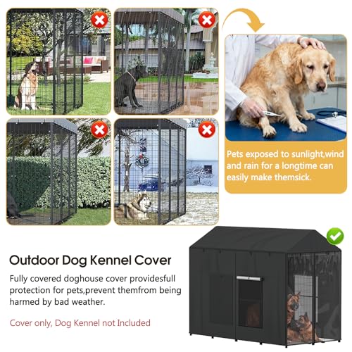 Dog Kennel Cover Outdoor 8'Dx4'Wx6'H for Large Dog Cages, Full Coverage 1200D Heavy Duty Waterproof with Transparent PVC Window (Cover Only)