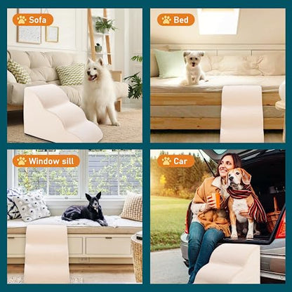 Dog Steps for Small Pets, Dog Stairs for High Beds and Couch, 16" 3-Step High Density Foam Pet Stairs for Dogs Injured, Older Dogs Cats, Pet with Joint Pain (Beige) - size: 3-Steps