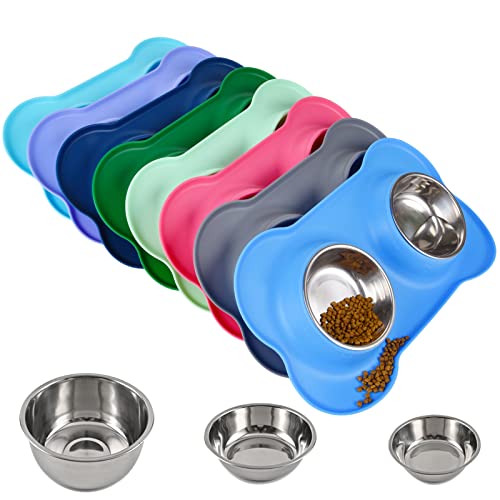 Dog Bowls 2 Stainless Steel Bowl for Pet Water and Food Feeder with Non Spill Skid Resistant Silicone Mat for Pets Puppy Small Medium Cats Dogs - color: Blue, size: 6½ oz ea