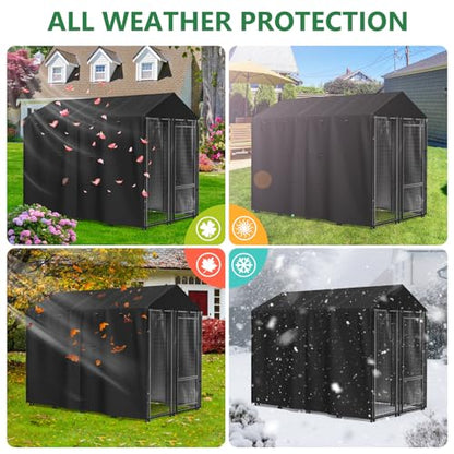 Outdoor Dog Kennel Cover 8'D x 4'W x 6'H Black Full Coverage with Transparent PVC Window and Breathable Mesh All-Weather Protection for Multiple Brands of Kennels Only Cover - size: 8'D x 4'W x 6'H