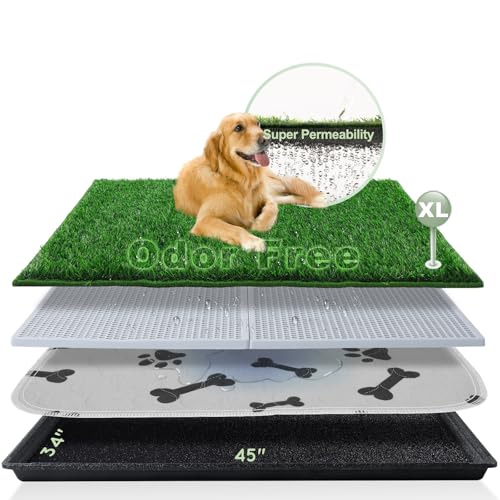 HQ4US 4LEGS Dog Grass Pad with Tray Extra Large 45”×34” Ultra-Absorbent Artificial Grass Pad for Dogs Potty Grass Hemmed Edge for Indoor Potty Training, Reusable Dogs Pee Pads, Dog Litter Box Balcony - size: X-Large - 45”×34” for 60-100lbs Dog