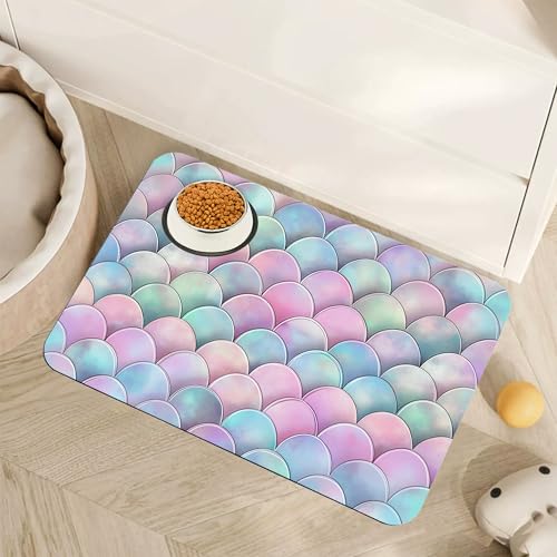 Pink Mermaid Scale Pet Feeding Mat,Absorbent Quick-Dry Cat Dog Food and Water Bowl Mats,Non-Slip Rubber Backing Mat,Cat Dog Accessories Supplies 12"x20" - color: Pink Mermaid Scale, size: 20"L x 12"W