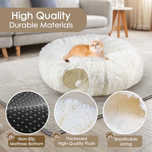 Cat Tunnel Bed for Indoor Cats, Peekaboo Cat Cave with Washable Soft Play Mat, Furry Cat Tube, for Kitten/Puppy/Rabbit, Beige - color: Beige