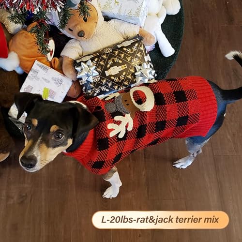 KYEESE Dog Christmas Sweater with Reindeer Pattern, Cozy Holiday Outfit, Turtleneck Dog Sweater for Small Dogs with Leash Hole, Red Buffalo Plaid Knitwear, Soft Warm Festival Dogs Clothes, Large - color: 3#Christmas, size: Large (11-19lbs)
