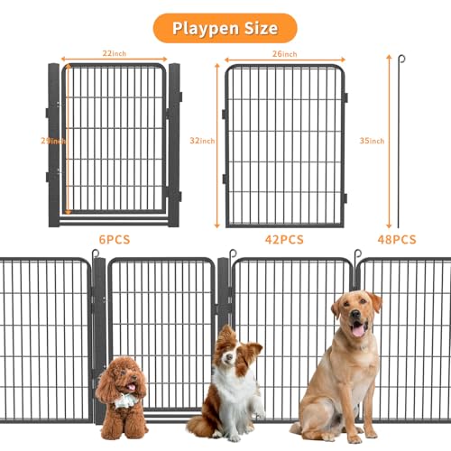 Dog Playpen Outdoor with Low Threshold Gate, 32 inch 48 Panels Dog Play Pen Indoors, Heavy Duty Metal Puppy Playpen Dogs Pen, Rust-Resistant Pet Playpens for Yard RV Camping - color: 48 Panels-32 Inch
