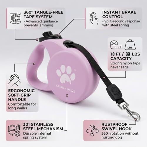 Chew Proof Retractable Dog Leash for Small Dogs up to 33lbs, 10ft Heavy Duty Dog Lead with Anti-Chewing Steel Wire Rope, Tangle-Free, One-Hand Brake & Lock, Pink S - color: Pink, size: Small
