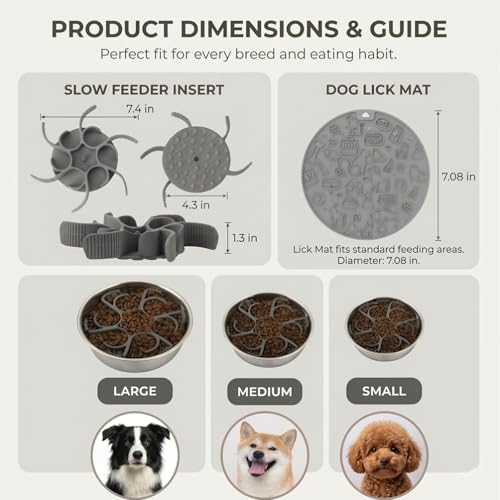 2Pcs Dog Slow Feeder Insert and Lick Mat Set, Silicone Pet Licking Pad with Suction Cups, Slow Feeding Bowl Insert for Wet & Dry Food, Grey - color: Grey