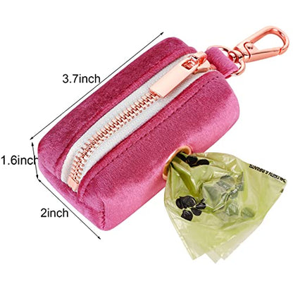 ARING PET Dog Poop Bag Holder, Velvet Doggy Waste Bag Dispenser Attach to Any Leashes, Portable Washable Pet Waste Pouch Dispenser with Metal Zipper - color: A:Rose red