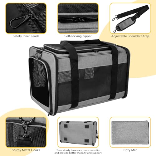 Hipubby Cat Carrier Dog Carrier for Pets Up to 16 Lbs, Soft-Sided Pet Travel Carrier for Cats and Small Dogs, Airline Approved Pet Carrying Case with Shoulder Strap & Removable Mat - Grey - color: Grey