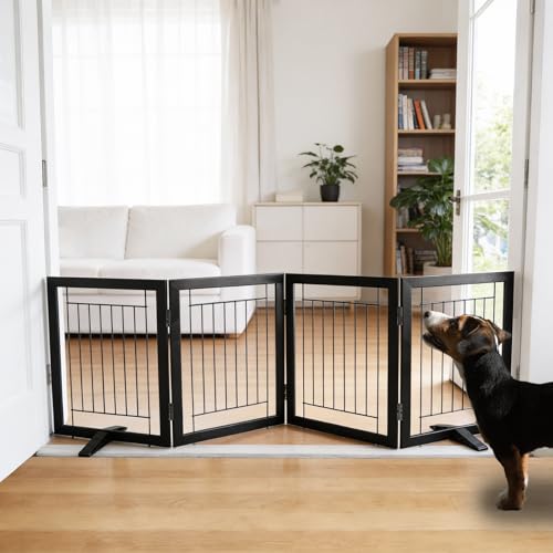 Dog Fence Indoor - 4-Panel Freestanding Dog Gate for Doorways, Hallways, House or Stairs -80x24-Inch Retractable Foldable Expandable Wood Pet by SFJC (Black) - color: Black, size: 【4 Panels】80''w X 24''h